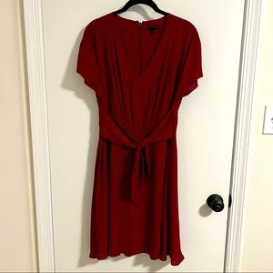 Red Ann Taylor V Neck Tie Waist Dress